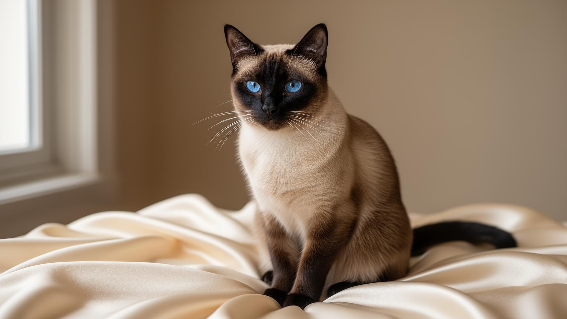 Gato Siamés de lujo con ojos azules sobre tela cremosa